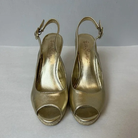Lilly Pulitzer Shoes Womens 5.5 Gold Sandals Wedge Heels Slingback Kristen - Picture 2 of 15